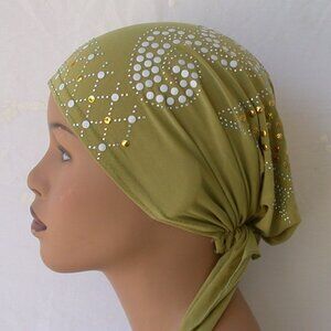 GREEN Pre-Tied Stud Chemo Cap Slip On Bonnet Hijab Undercap #2